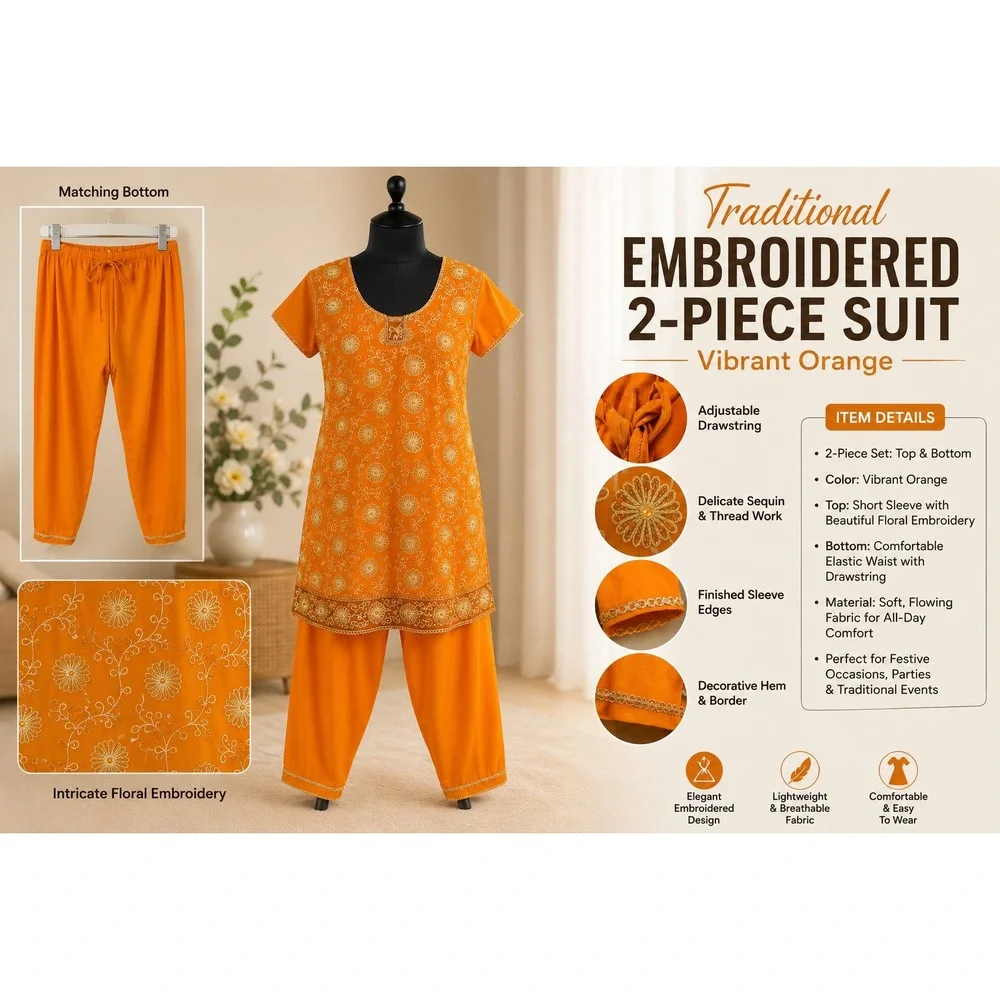 Traditional Embroidered 2-Piece Suit Vibrant‎ Orange Floral Sequin Tunic Set